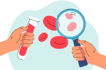 схематичне зображення червоних кров'яних тілець та пробірки з лупою